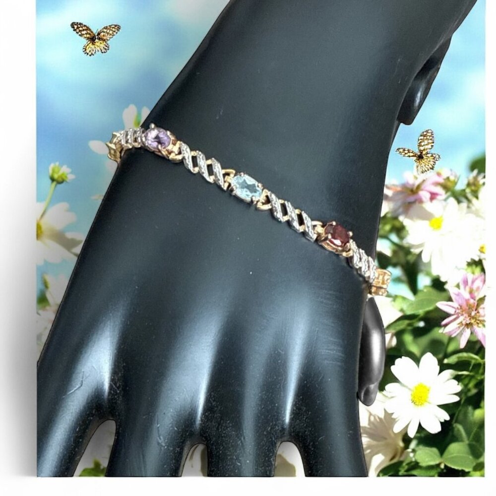 925 Sterling Silver 18K Gold Multi Gemstone Tennis Bracelet 7.5" Amethyst Topaz